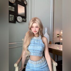 Woppei blue tweed embellished halter neck crop top and skirt set